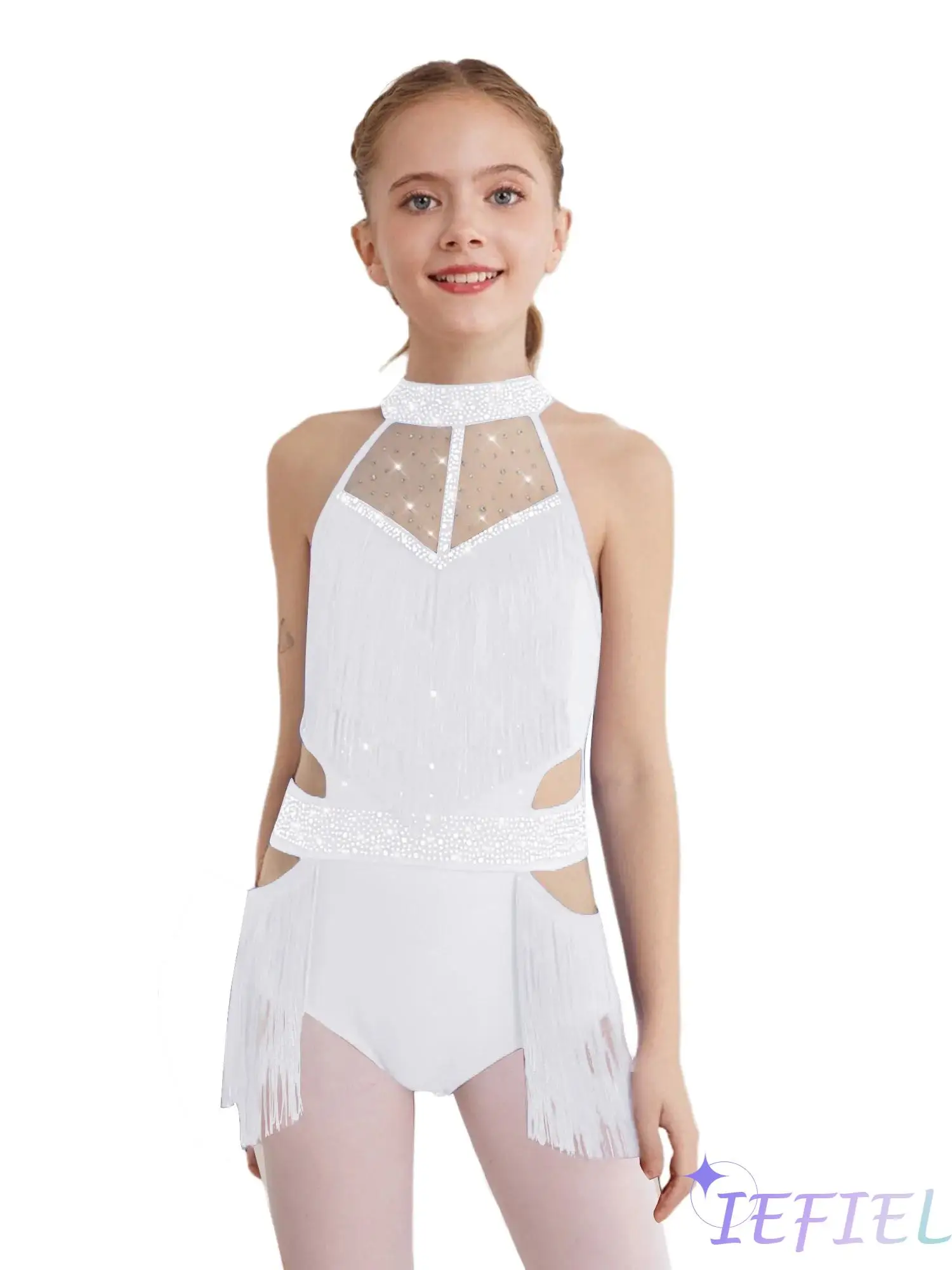 

Girls Latin Dance Leotard Sleeveless Tassels Cutout Back Rhinestones Bodysuit Tango Cha-Cha Figure Skating Gymnastic Costume