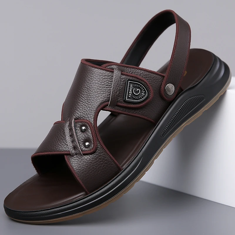 

First Layer Cow Leather Wear Sandals, Summer Casual Beach Slippers Comfort Non-slip Leather Shoes For Daily Vacation Walking Use