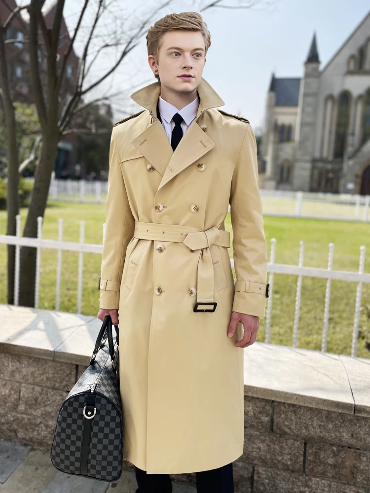 2024 spring and autumn long  men‘s windbreaker Over the knee Double breasted Business work  trench coat men