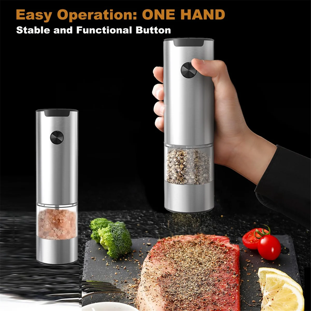 

Salt and Pepper Mills Electric Set of 2 Battery Operated White LED Light and Adjustable Coarseness Silver