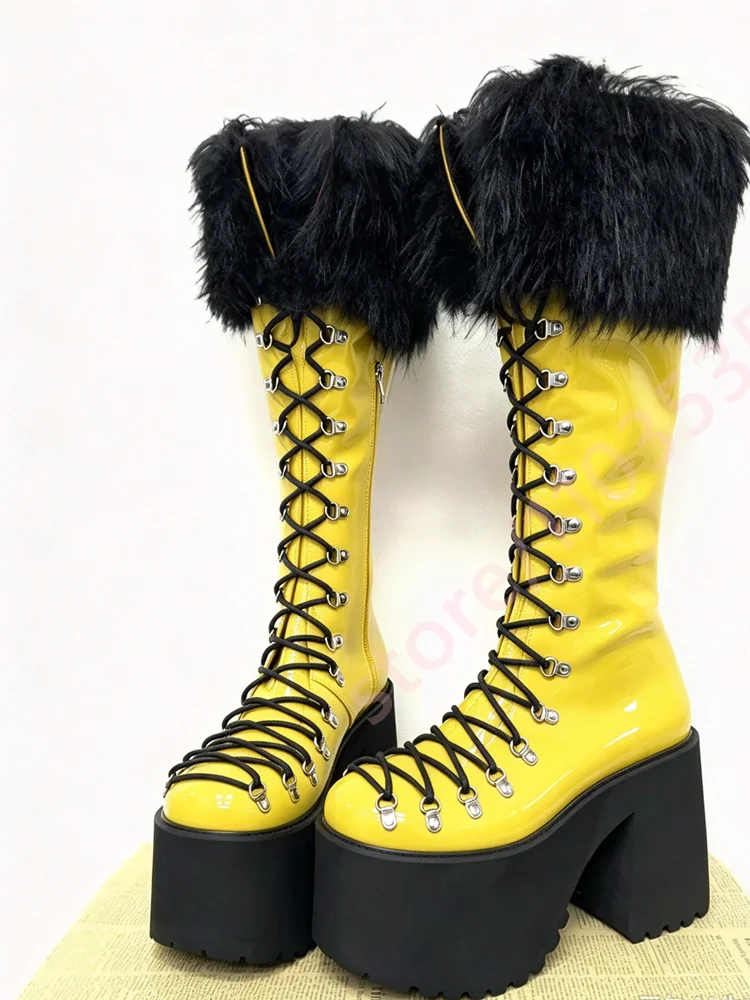 Women Patent Leather Knee High Boots Gothic Punk Platform Chunky Heel Boots Black Fur Trim Lace Up Winter Party Cosplay Boots