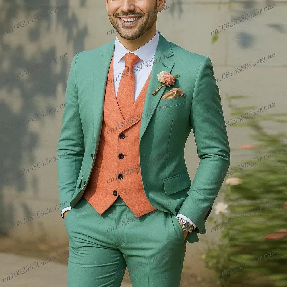 

Mint Green And Coral Red Formal Men Suit Groom Groomsman Wedding Party Prom Business Male Tuxedos 3 Piece Set Blazer Vest Pants