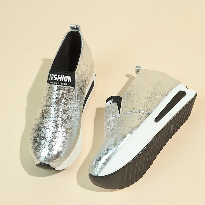 Modische Damen Metallic-Krokodil-Textur Slip-On Versteckter Keilabsatz Plateau-Schuhe Damen Höhenverstärkende Casual Walking Loafers Sneakers – Detail 12