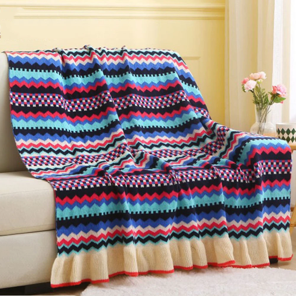 Boho Striped Knitted Blanket Soft Ruffled Oversized Blanket Decorative Living Room Sofa Blanket Warm Office Nap Cover Blankets