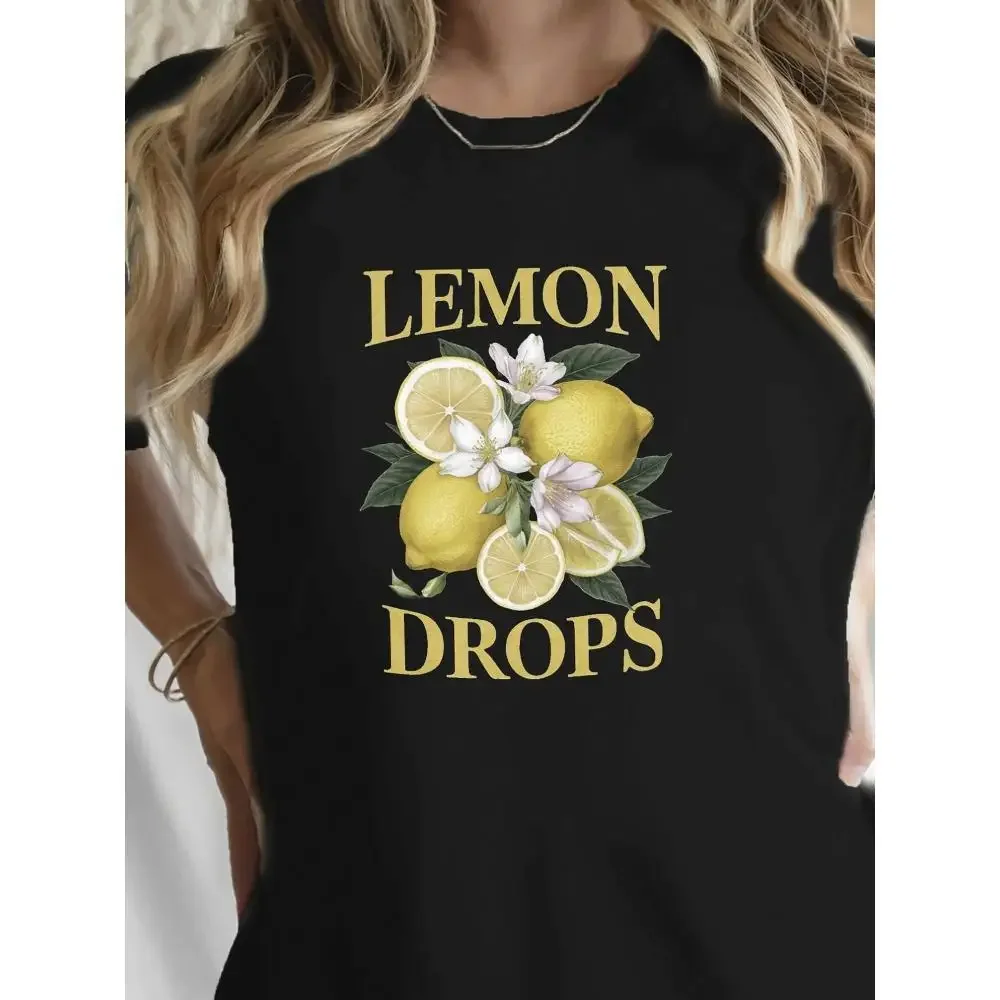 

Женская футболка с рисунком лимона — 100% чистый, дышащий повседневный топ с цитрусовым лимоном и вишневым дизайном, круглый вырез с коротким рукавом