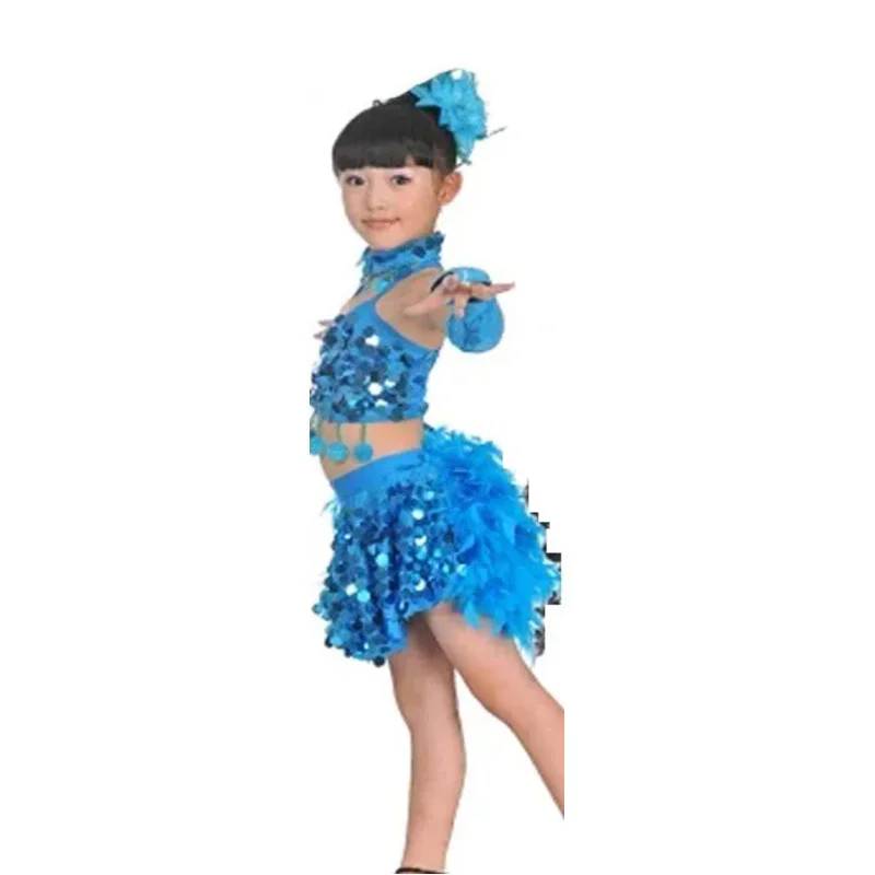 Trajes infantis para meninas e crianças, roupas de dança latina, trajes de penas de samba, vestidos de dança de salão, trajes de dança de lantejoulas m1