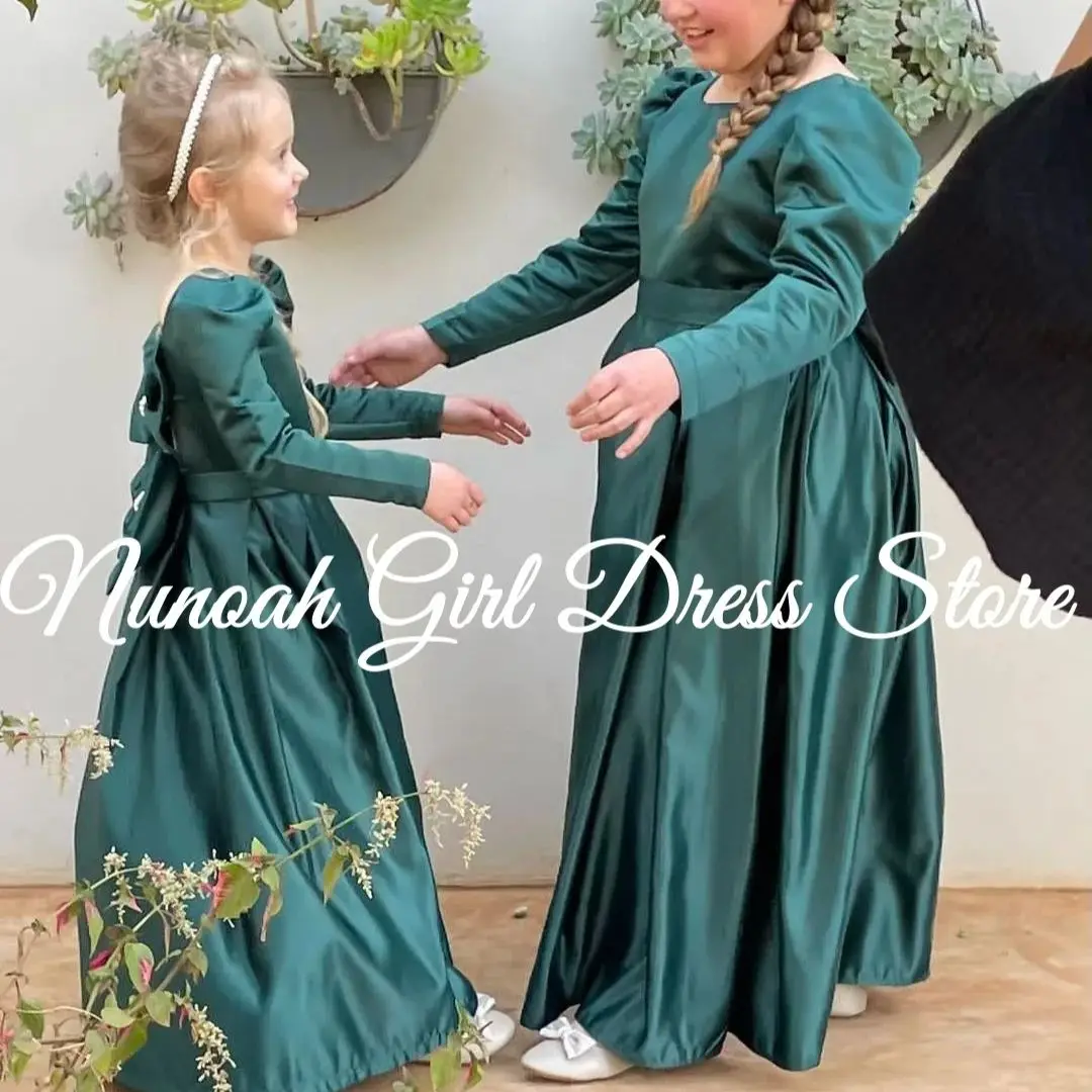 

Green Flower Girl Dresses for Wedding With Bows Satin Full Sleeves Girl Birthday Ball Gown First Holy Communion Gowns Customized