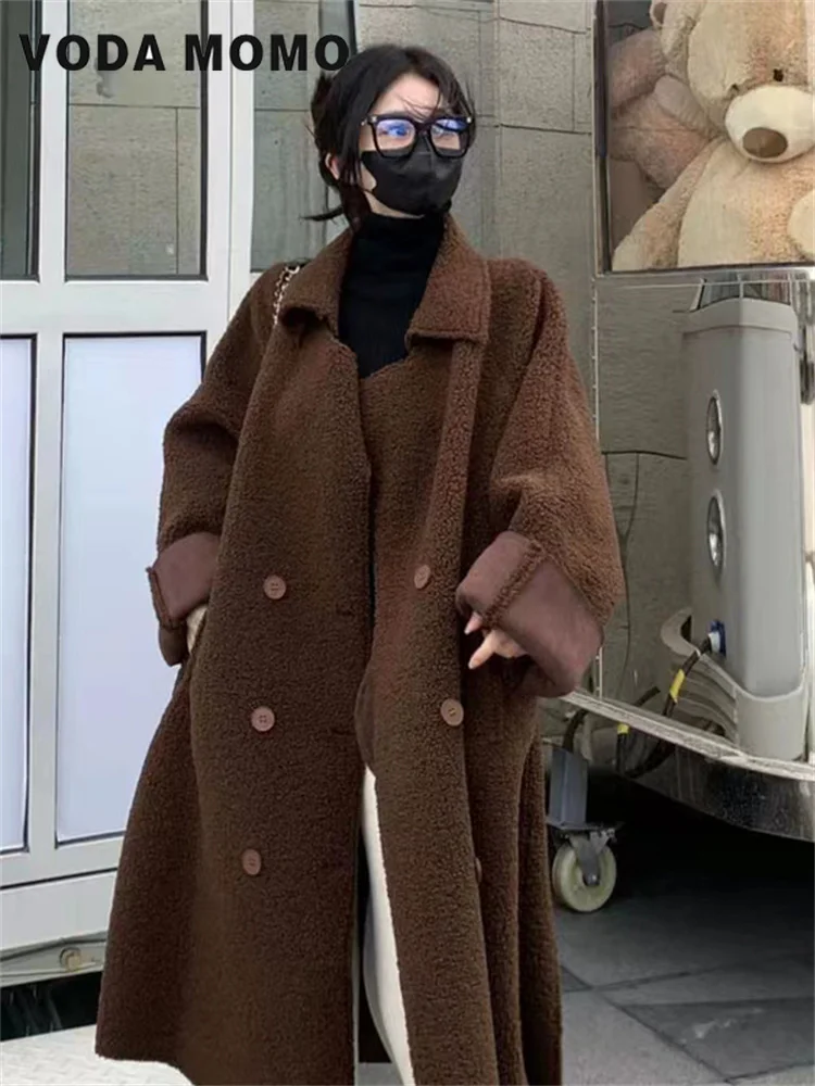 Temperament Lamb Wool Coat Women's 2024 Winter British Style Lazy Over Knee Loose Long Wool Coat Solid Color Harajuku Commuter