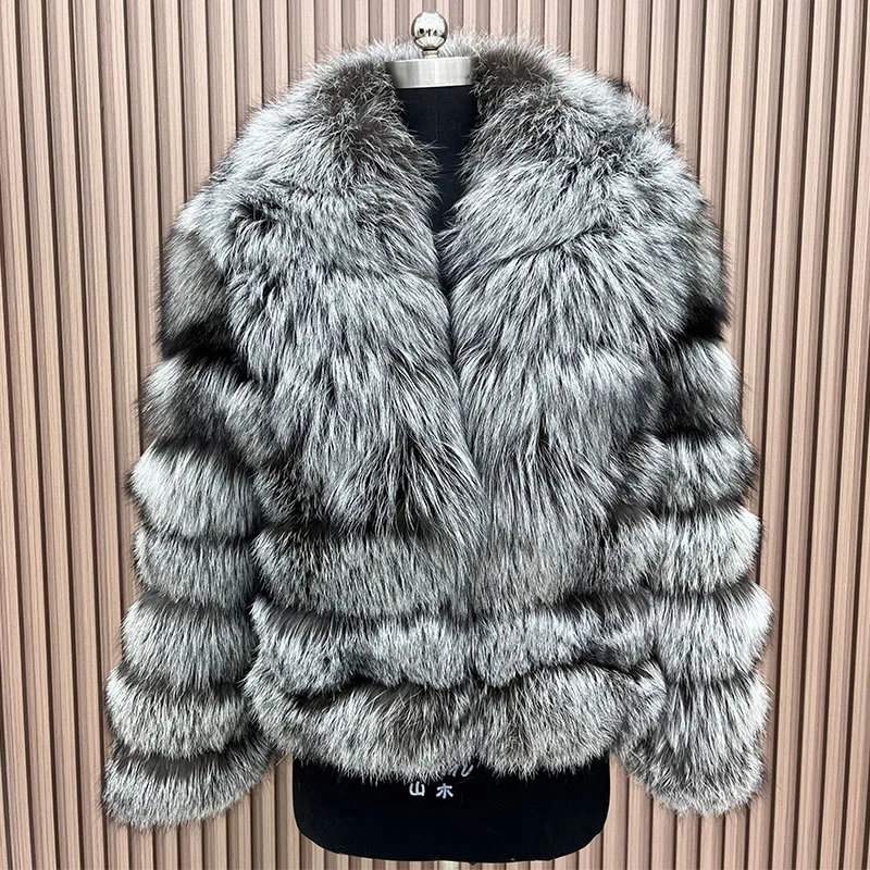 2025 Real Fox Fur Women Jacket Real Silver Fur Thick Warm Female Long Sleeves Natural Fur Luxury Coats with Collar Outerwear