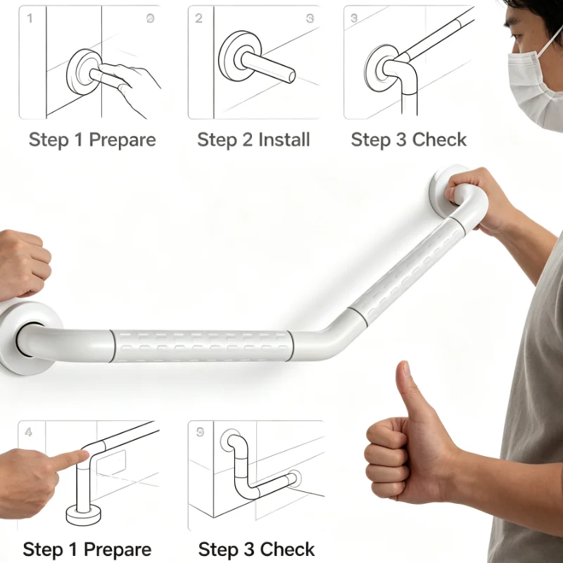 White Angled Bathroom Safety Grab Bar Wall Mounted Non Slip Assist Handle For Shower Bathtub Toilet Stability Support