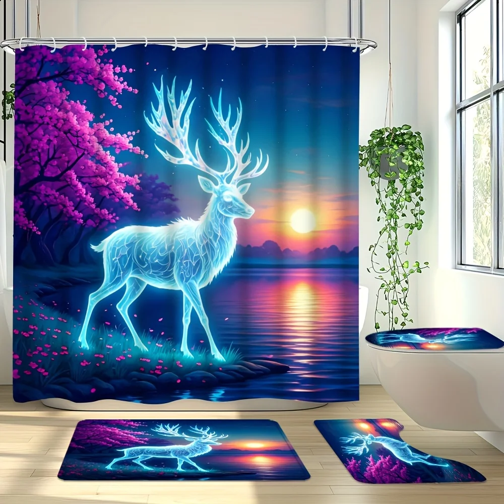 

4pcs Glowing Deer Cherry Blossom Tree Sunset Lake Bath Curtain Set with 12 Hooks, Non-Slip Bathroom Rug, Toilet Seat Cover