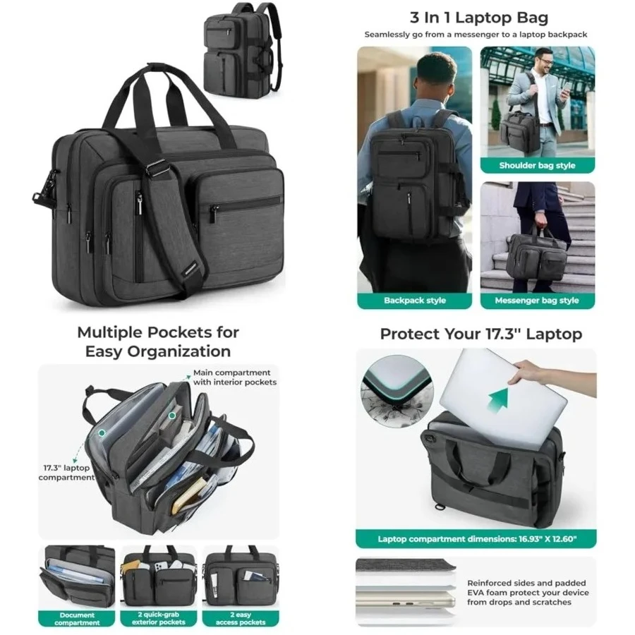 

3 In 1 Laptop Bag for Men, Computer Briefcase 17.3 Inch Laptop Water-Repellent Shoulder Bag, Computer Bag Business Travel Office, Black