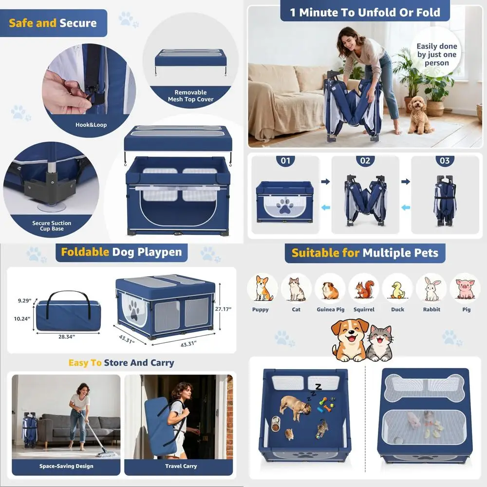 

Быстросъемный складной манеж для собак с крышкой, усиленным стальным каркасом, портативный домашний забор для собак, кошек и кроликов — 43,