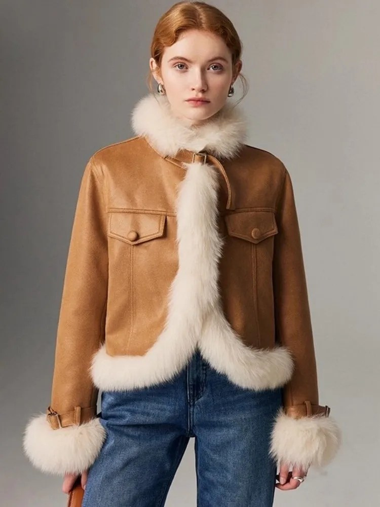 موضة تقسم الثعلب الفراء طوق أسفل معاطف سيدة سترة قصيرة دراجة نارية نمط أوزة سترات منتفخة معطف الشتاء ملابس خارجية رائجة البيع