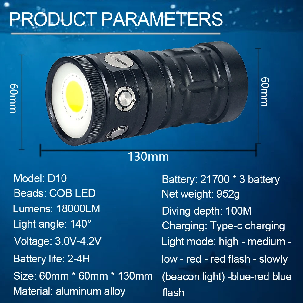 Imagem -05 - Led Lanterna Mergulho Cob Tactical Torch Ipx8 Impermeável Video Câmera Luz Branco Azul Vermelho Luz de Preenchimento 18000lumens Profissional