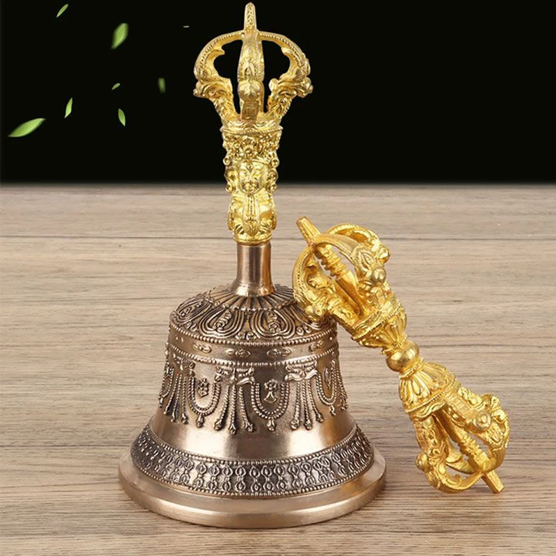 10cm Large Tibetan Bells Gold Nepal Handmade Carved Brass Vajra Bell Pestle Buddhism Meditation Chimes Sound Healing Ornaments