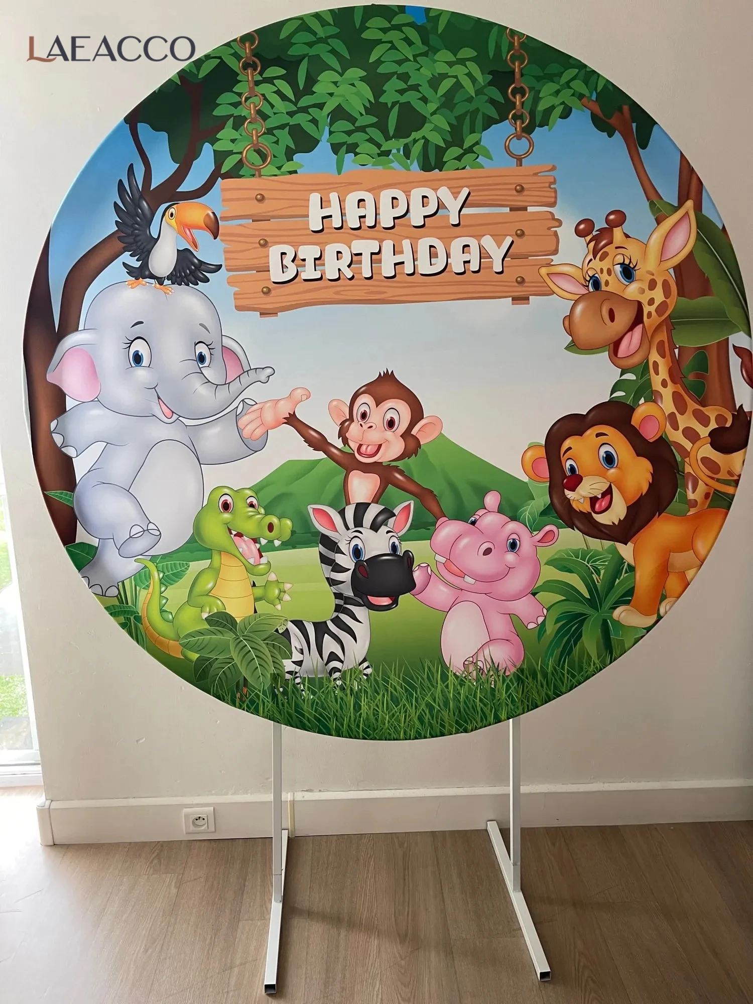 Laeacco Jungle Safari Round Photography Backdrop Cartoon Animals Kids Birthday Party Baby Shower Circle Photo Background Cover