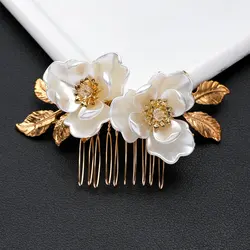 Bridal Hair Comb White Flower Hairpin Wedding Hair Accessories For Women Golden Leaf Tiaras New Fashion Marriage Hair Jewelry