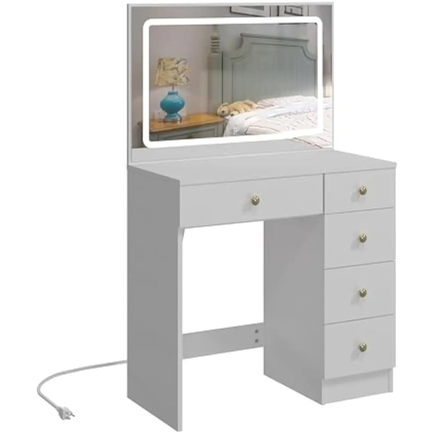 

Makeup Vanity with Large Lighted Mirror, Vanity Desk with 5 Drawers Vanity Set with Power Outlet 3 Color Lighting Modes Drnil