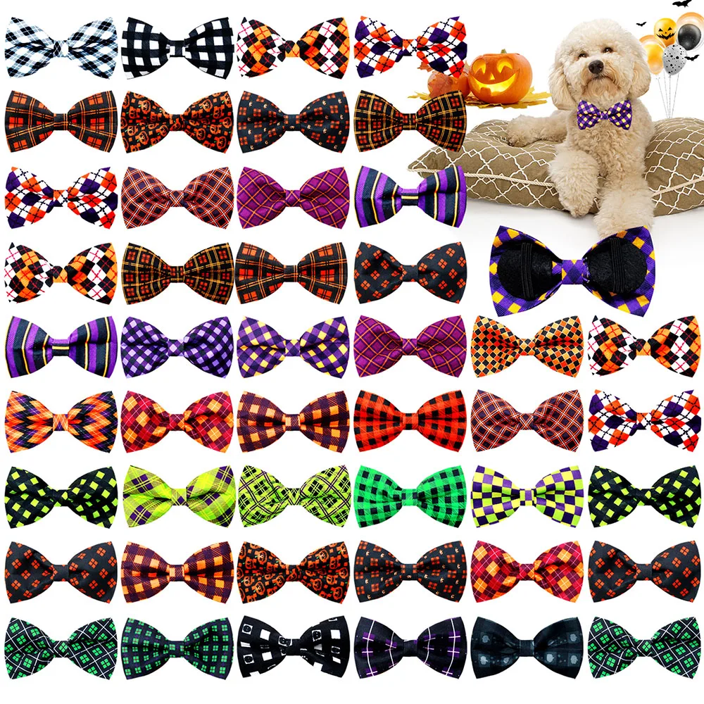 20PCS Pet Collar Halloween Series Dog Bow Tie Adjustable Classic Plaid Pet Neckties Bowties For Dogs Pet Grooming Accessories