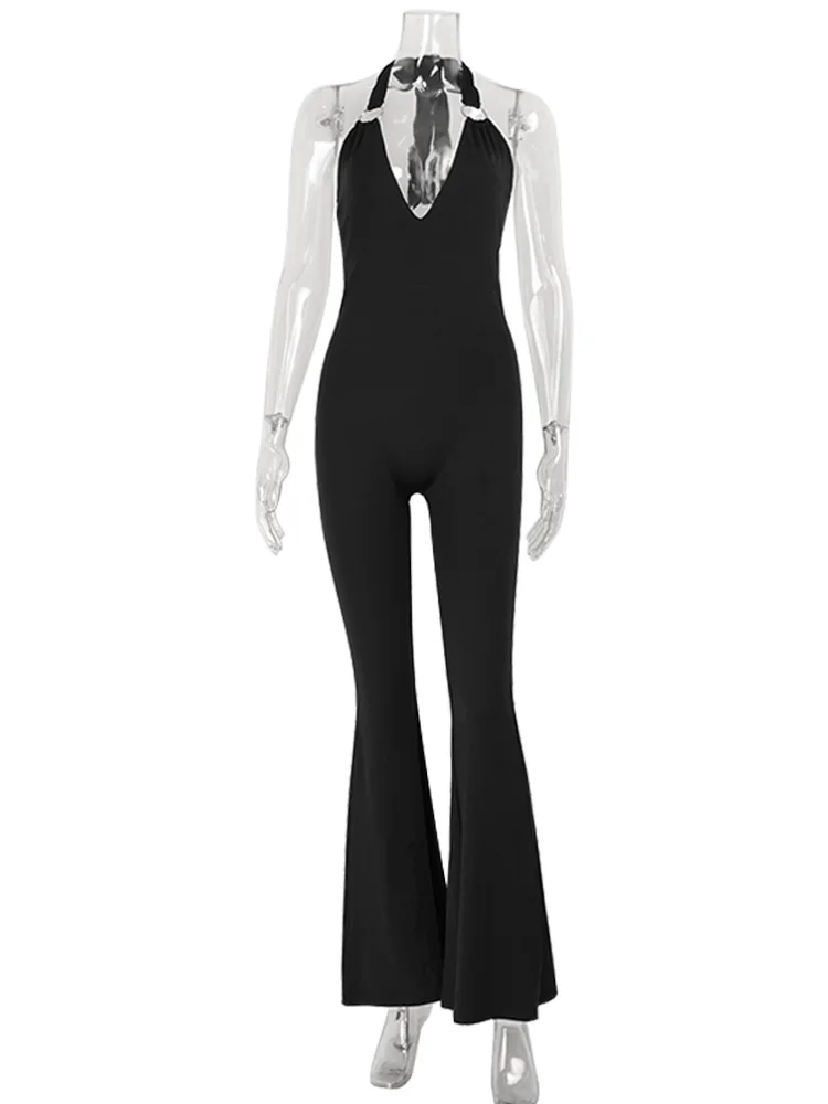 Ahagaga Sexy Frauen Overalls Solide Halter Tiefem V-ausschnitt Mantel Club Casual Streetwear Bandage High-End-Backless Ärmellose Strampler