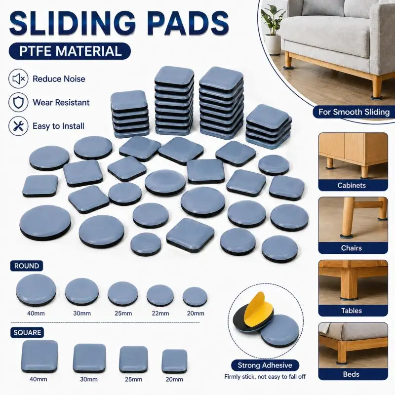 4~20pcs Feet Gliders Sliding Pads Home Furniture Sliders Furniture Gliders PTFE  Floor Mover Pads For Household Hardware