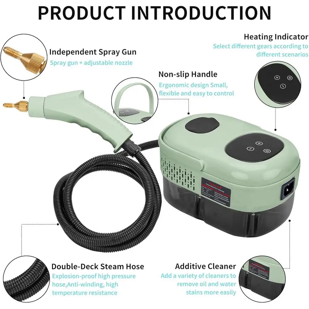 고압 스팀 청소기 2500W 휴대용 핸드헬드 고속 가열 10S, 3개의 브러시 헤드 포함 딥 클리닝 및 얼룩 제거