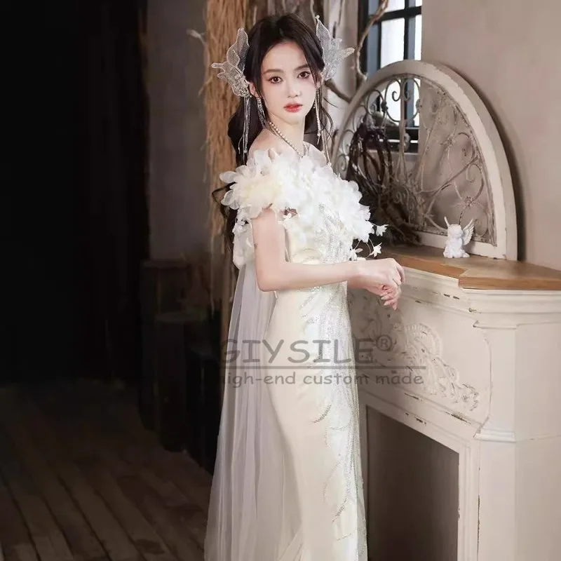 

GIYSILE Customized Super Fairy White Sexy Evening Dress Light Luxury Floral 2025 New One-shoulder Fishtail Banquet Temperament