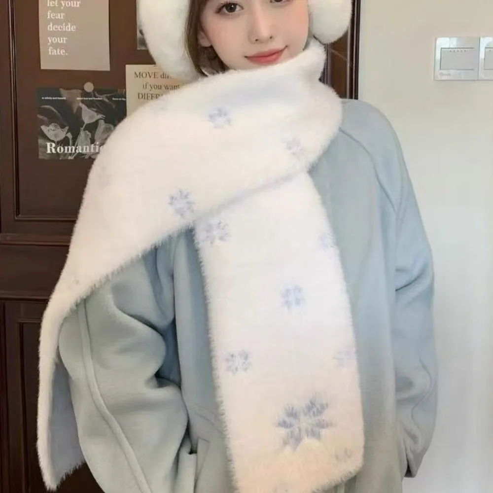 Double-Sided Faux Mink Scarf Soft Thickened Knit Winter Scarf Fair Isle Style Snowflake Pattern Knitted Neck Wrap