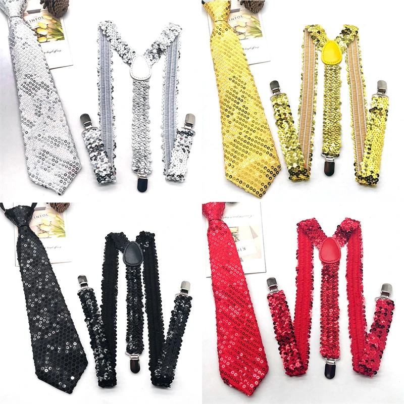 

Sequined Tie Suspenders Set Adults Shinning Sequin Suspenders Elastic Wide Adjustable Heavy Duty Strong Clip Suspender Costume