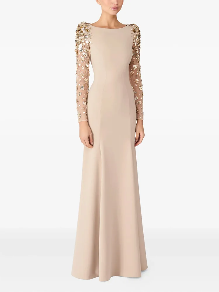 HIGH STREET Newest Fashion 2026 Designer Party Vestido Women's Spliced Mesh Diamonds Beaded Long Sleeved Maxi Long Dress