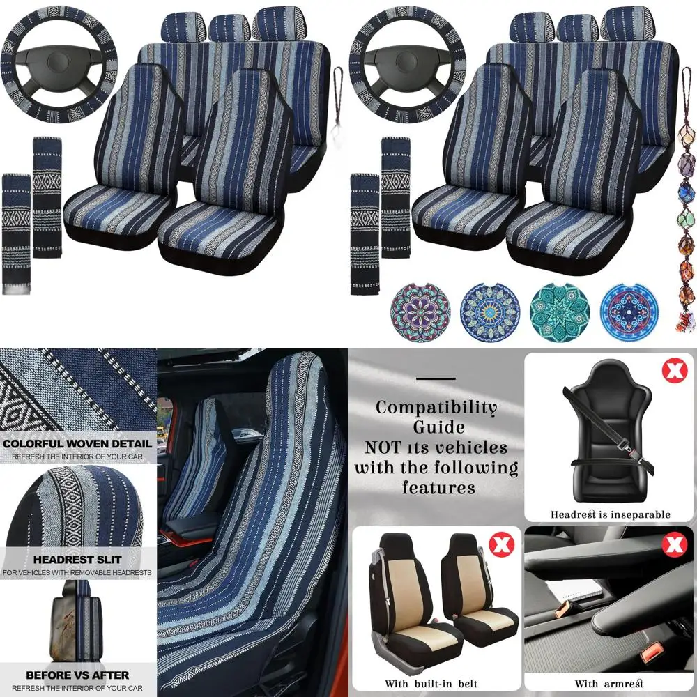 

Универсальный комплект чехлов для автомобильных сидений с разноцветными полосами, в стиле бохо, чехол на руль, накладки на ремни безопасности и хрустальные украшения