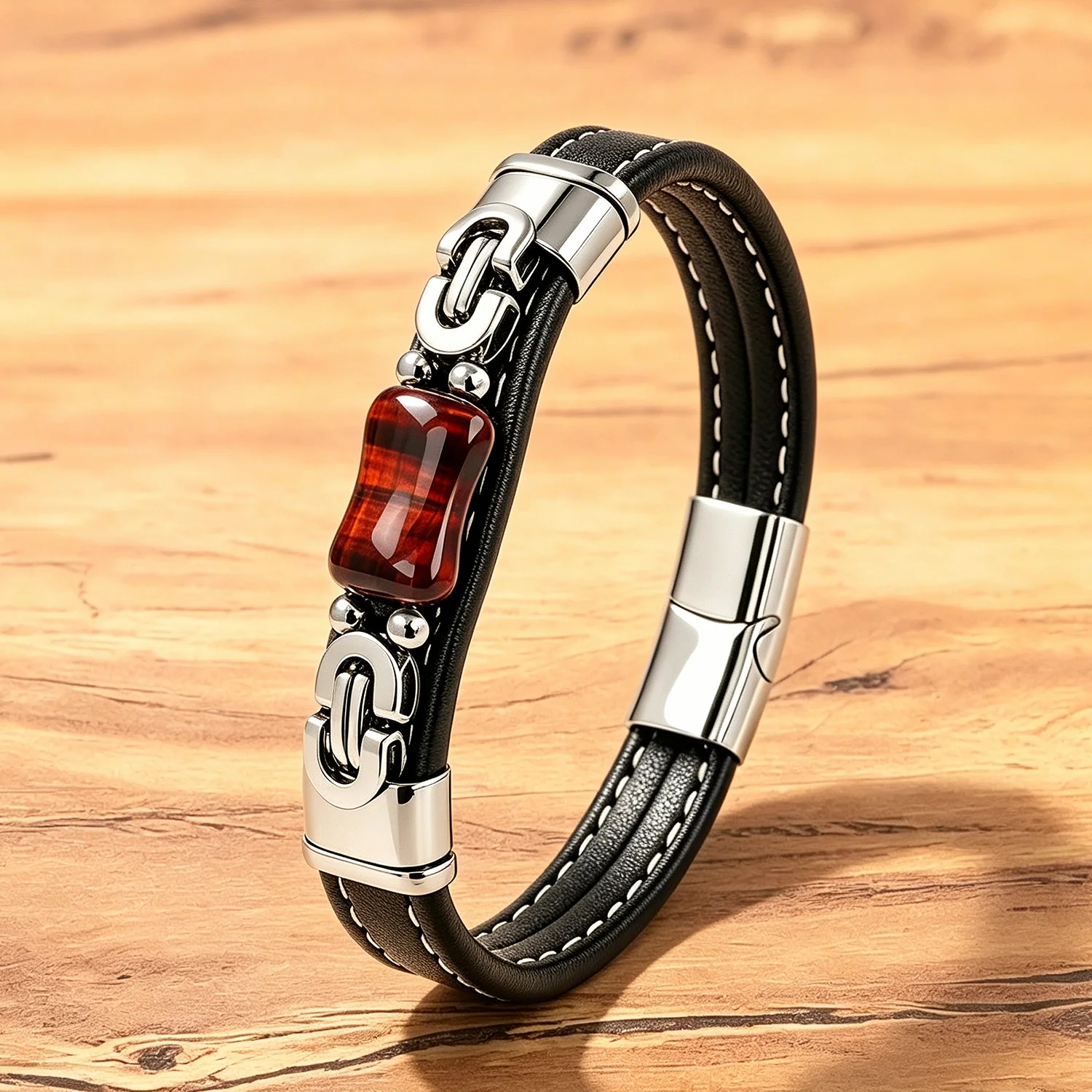 Vintage Punk-Rock Lederarmband für Männer, 8 Stile mit Natursteinperlen, Biker Casual Alltagsschmuck für Männer – Detail 6