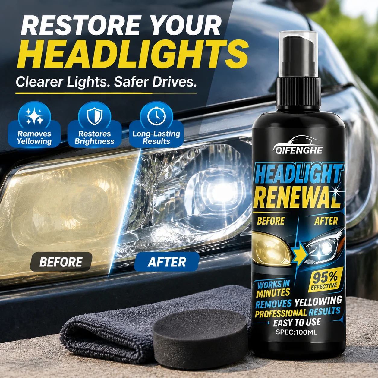 QIFENGHE 100ml Headlight Renewal Spray, Car Headlight Restoration Fluid, Remove Yellowing Oxidation, Restore Headlight Clarity,