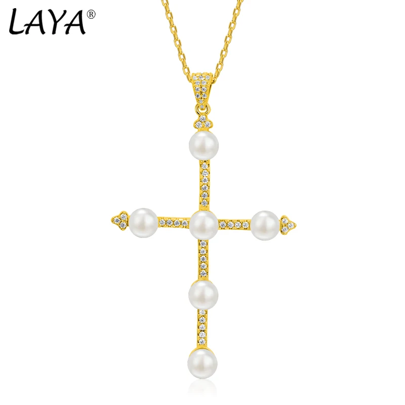 Laya 925 Sterling Silver Fashion New Simple Cross Natural Fresh Water Pearl Necklace For Women Party Wedding Jewelry 2021 Trend