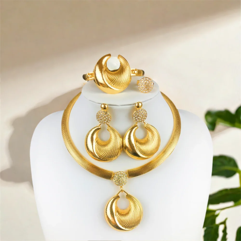 

ESALE Classic Design Women Jewelry Set High Quality Dubai Nigeria Gold Plated Choker Set Big Pendant Earrings Bracelet Ring Gift