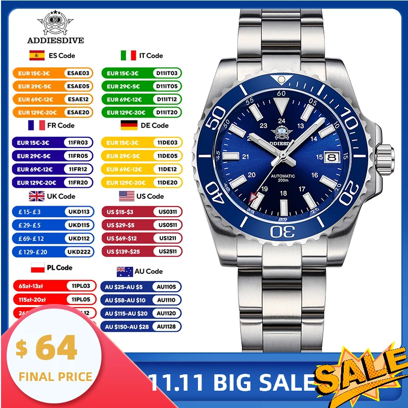 

ADDIESDIVE Men's Watch New Japan 8215 Automatic Mechanical Watch Sapphire Stainless BGW9 Luminous 200m Waterproof Diver's Watch