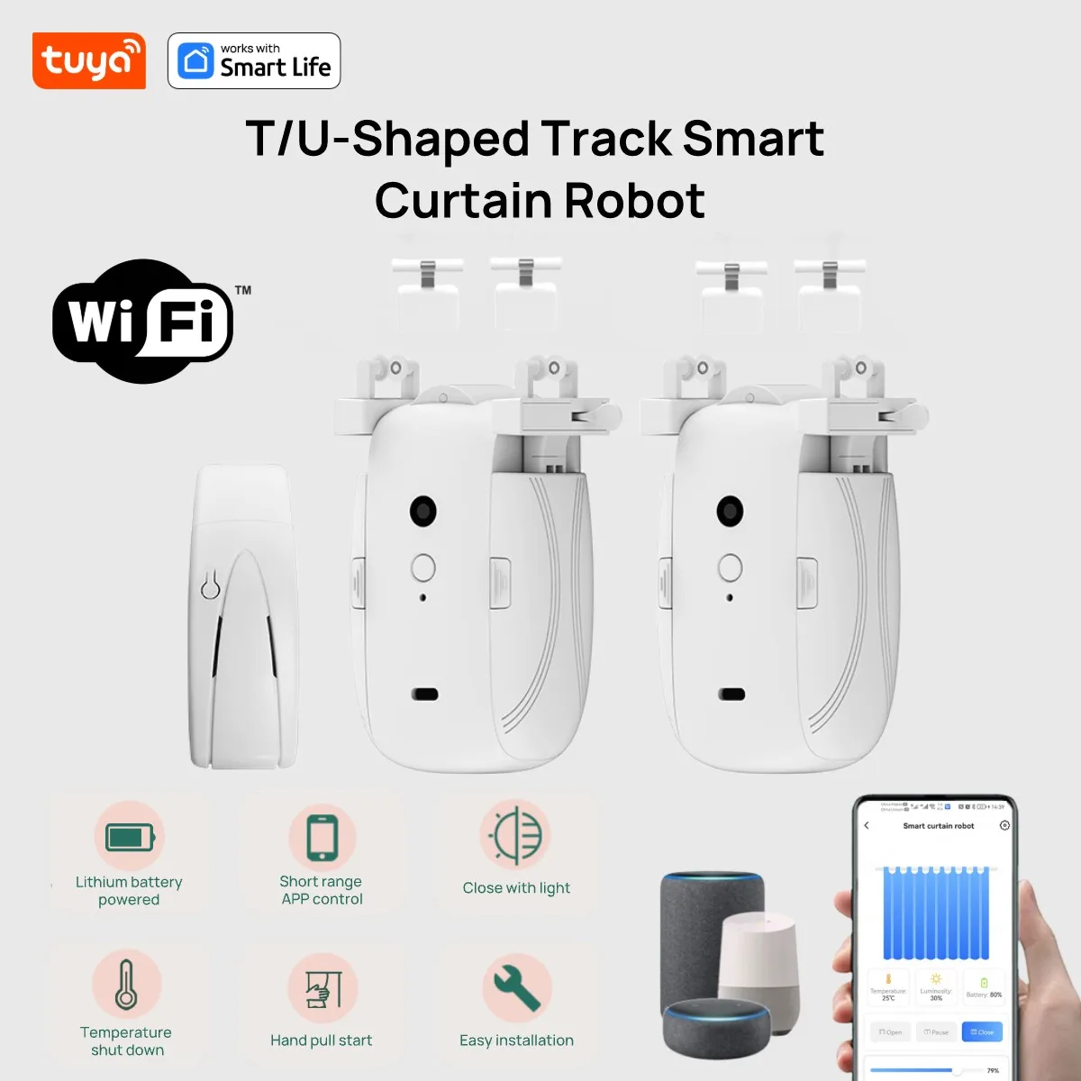 Tuya Smart WiFi Curtain Robot (with gateway),APP Remote Control,Voice Control,Included accessories for T/U curtain tracks