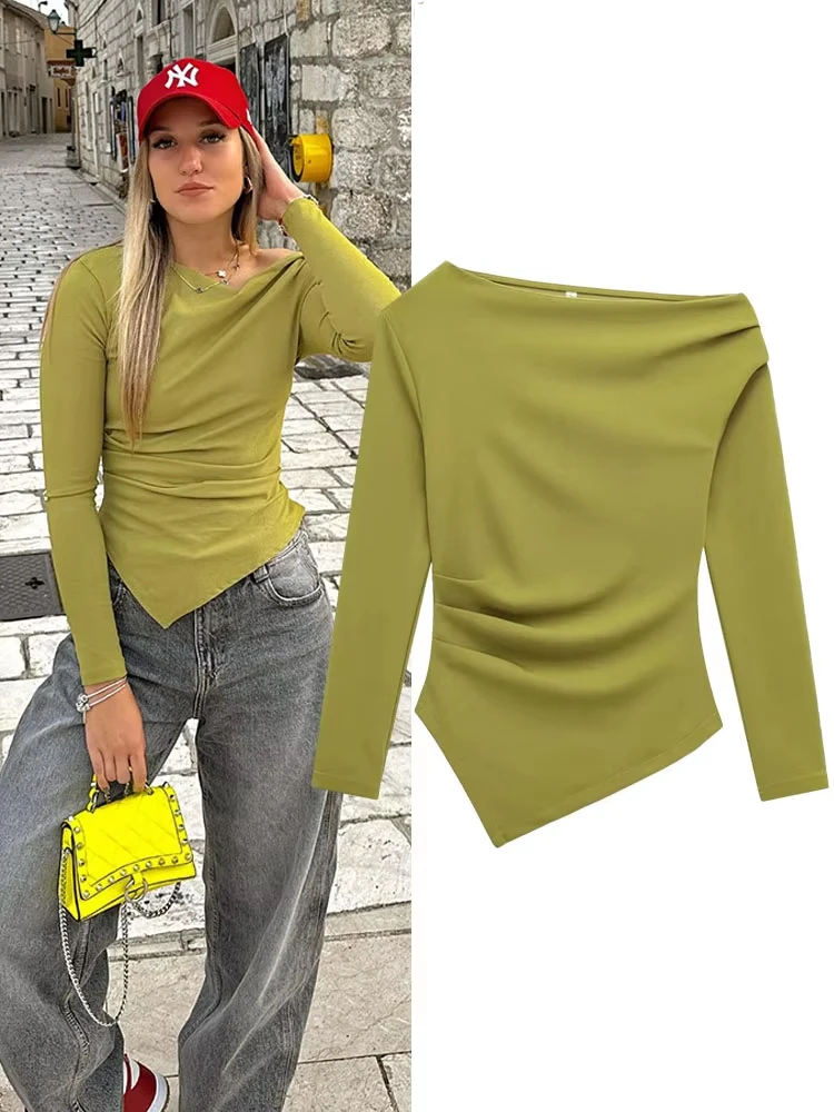 

HH Women Fashion Solid 5-Color Asymmetrical Slant Collar Tops Female Spring Pleated Decoration Casual Slim Elasticity Top