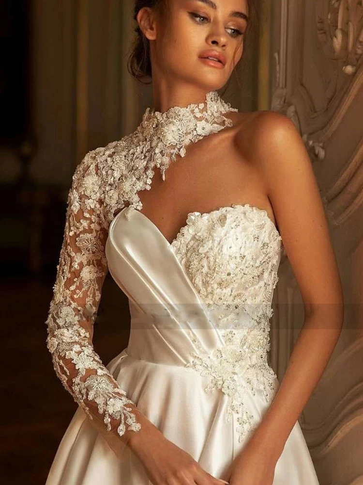 Pizzo Sexy splendido raso una spalla manica straccio abiti da sposa soffici Backless bella sirena abito da sposa Vintage