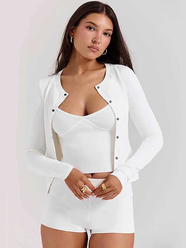 

Fantoye Knitted Round Neck Button Women 3 Piece Sets White Long Sleeve Top Short Pant Suit Female Summer Skinny Casual Pant Sets