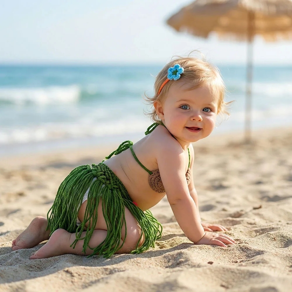 Baby Swimsuit Hawaiian Grass Handmade Skirt Tropical Photo Style Set Infant 100 Days Birthday Dress Beach Seaside Vacation Wear