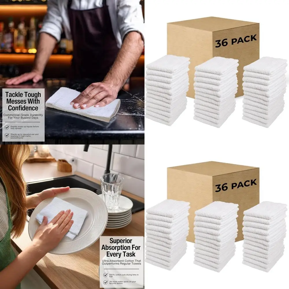 

Set of 36 12x12 100% Cotton Bar Mop Dishcloths, White, Machine Washable Kitchen Towels