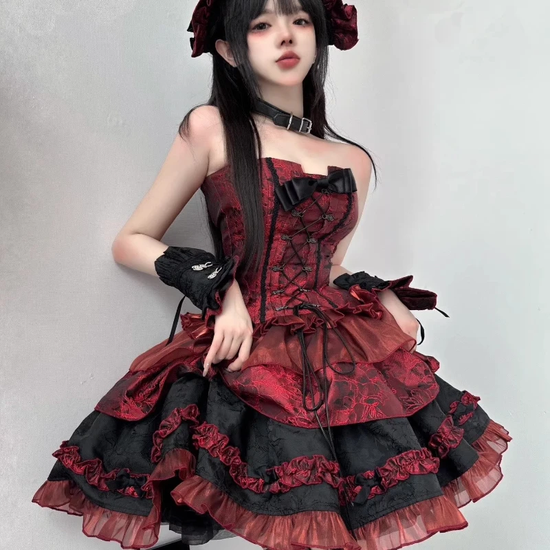 

Красное балетное жаккардовое платье-жилет в стиле Лолита с узором «рыбья кость», высококачественное праздничное платье принцессы с цветочным узором, пышное платье-пачка Лолита для девочек на день рождения