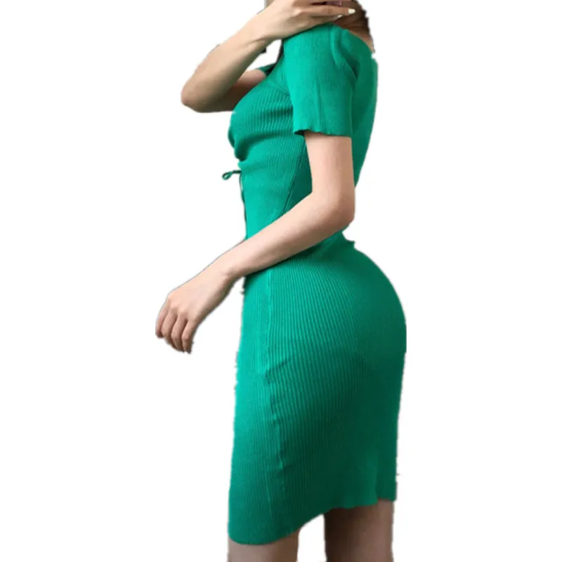 WPNAKS Mini abito aderente lavorato a maglia da donna abiti estivi da sera manica corta con coulisse scollo a V abito tinta unita Sexy Club