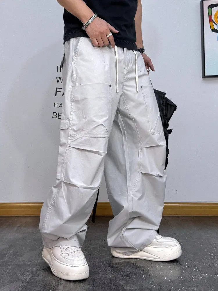 

American Retro Pleated Design Summer Thin Casual Pants Men Loose Straight Casual Match Drawstring Paratrooper Pants
