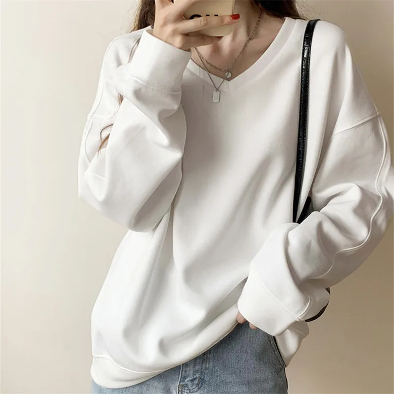 Women's Patchwork V-neck Casual Loose Autumn Fashionable Sweatshirt 2024 New Solid Color Ladies Winter Pullovers Tops Female Ins