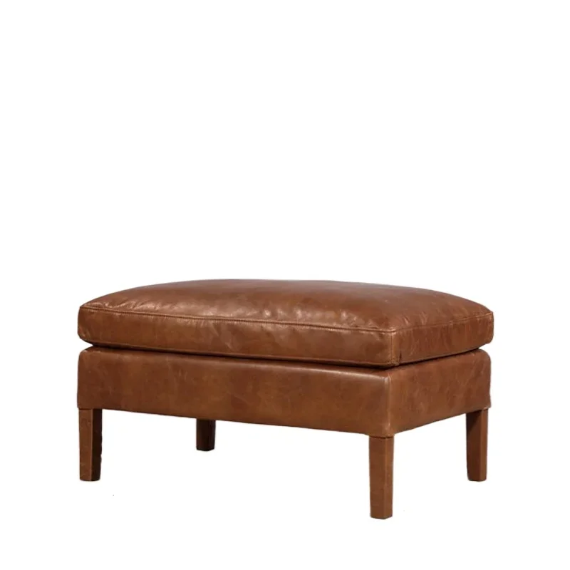 American rural solid wood sofa pedal American, oil wax leather low stool American simple bedside stool Nordic light luxury