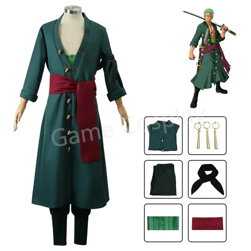 CosplayAnime Roronoa Zoro Cosplay Costume Uniform Green Coat Pants Head Scarf Roronoa Zoro Wig Earrings Halloween Carnival Men C