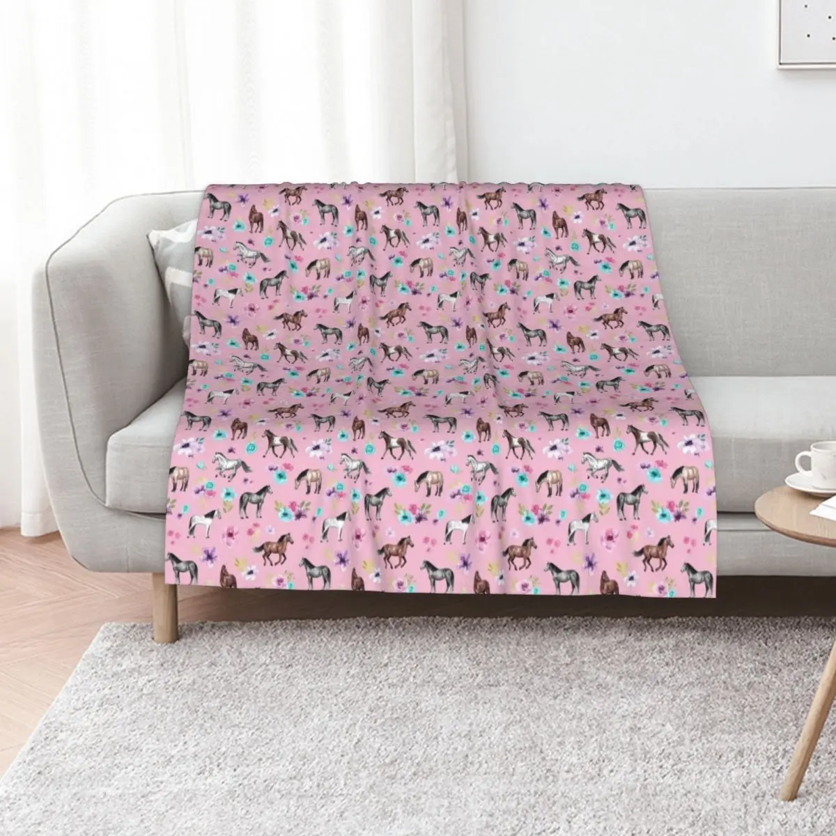 Horses and Flowers on Pink, Equestrian Art, Horse Decor, Cowgirl, Horse Pattern Throw Blanket Luxury Throw Furrys Blankets